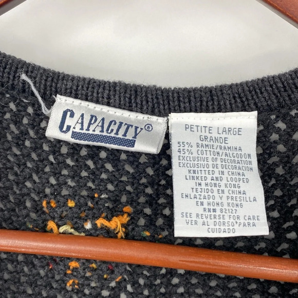 Vintage Cardigan Vest Womens LP Black Floral Grandma Ramie Cotton Knit 80s - Picture 8 of 13